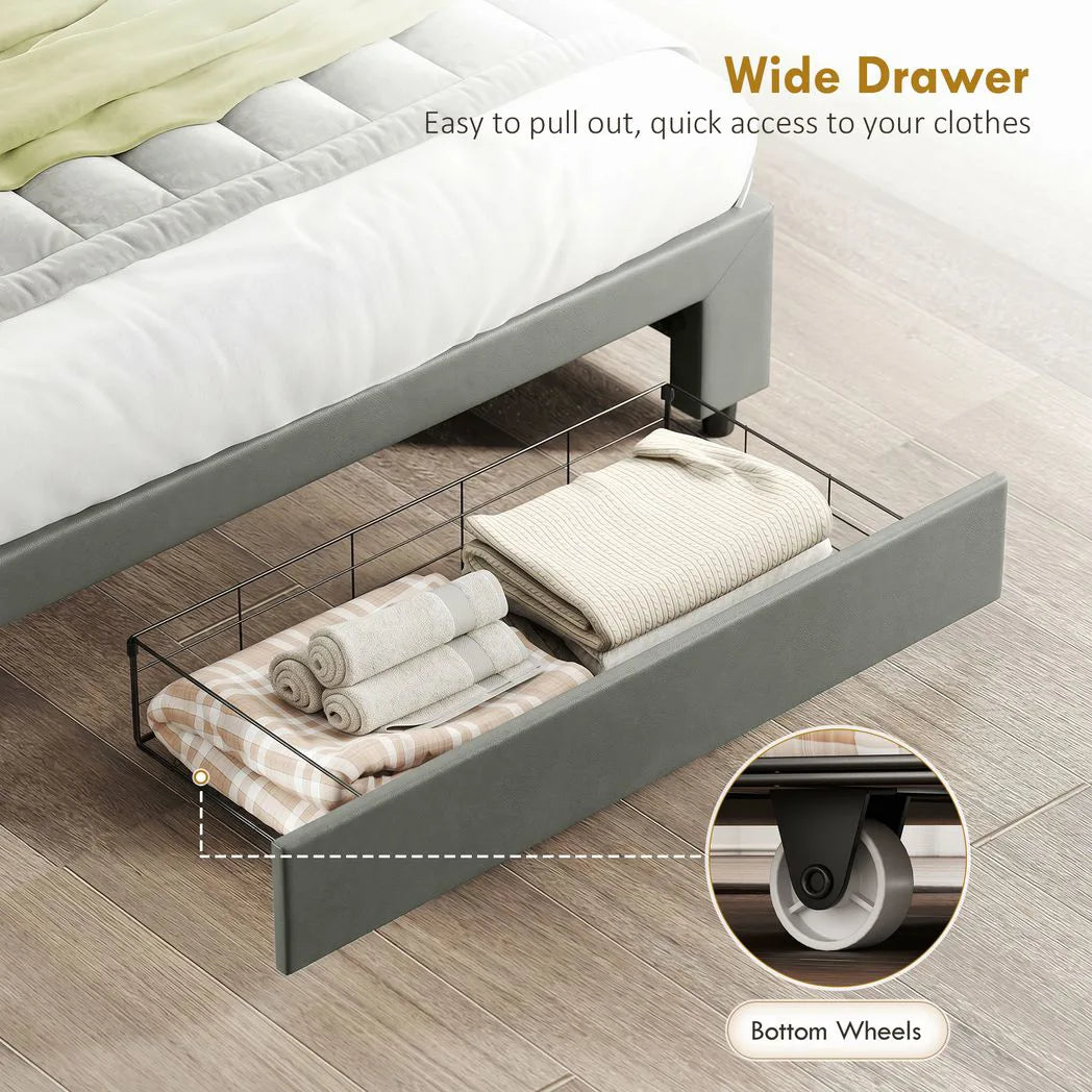 HOMCOM PU Leather King Size Ottoman Bed Frame, with Front Drawer - Grey