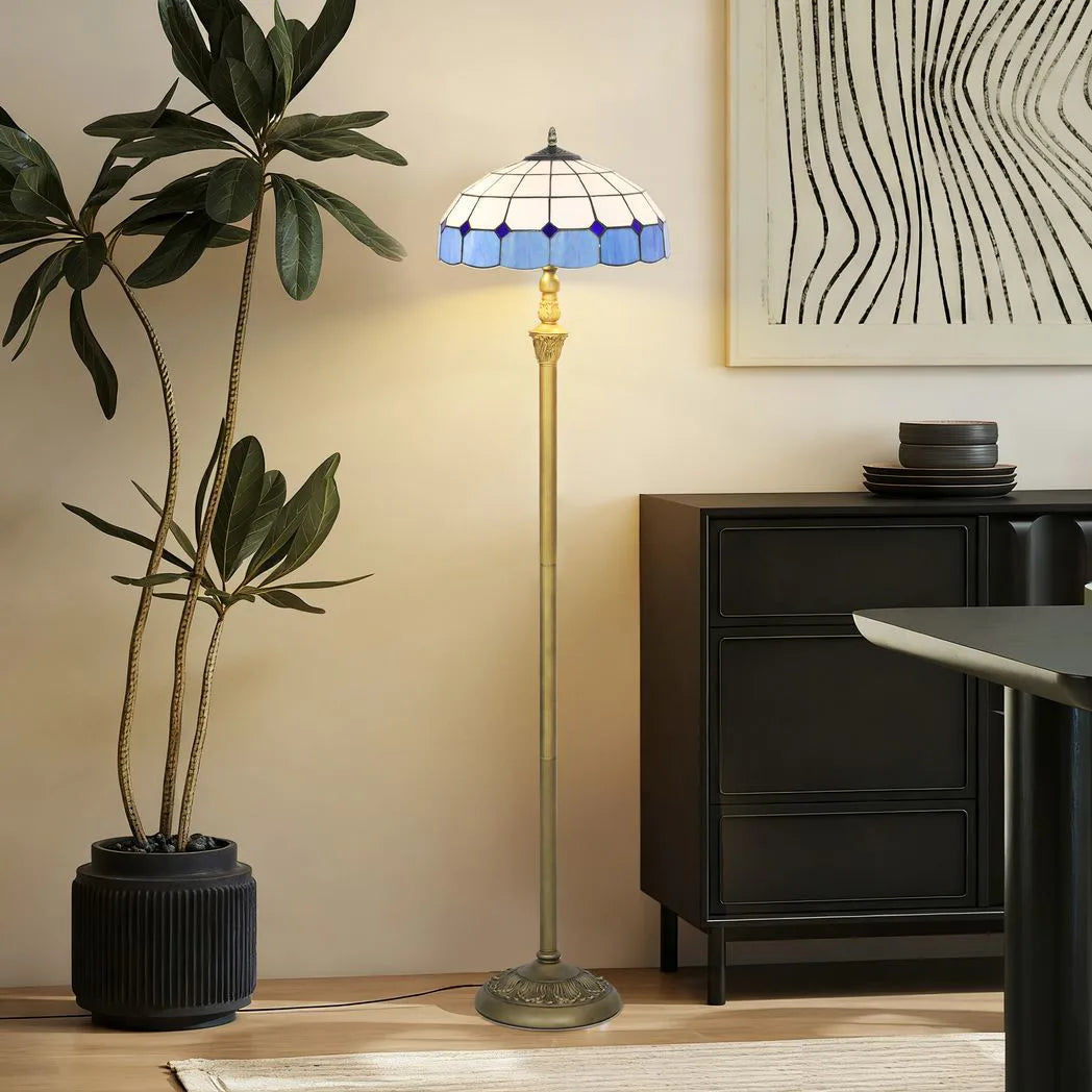 HOMCOM Tiffany-Style Floor Lamp with Handcrafted Stained Glass Shade, 152cm Tall Vintage Standing Lamp with Foot Switch and Dual Sockets for Living Room Bedroom, Bronze Tone and Blue