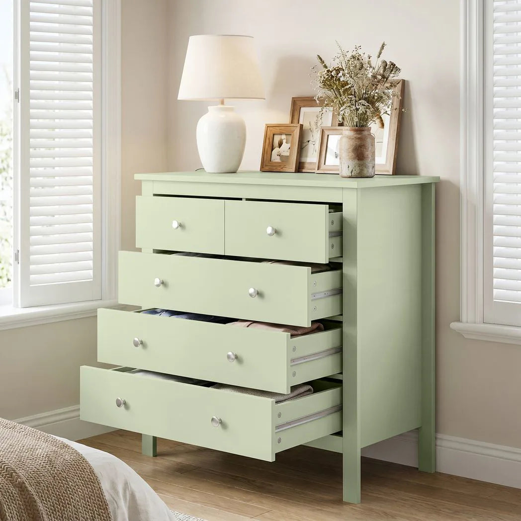 HOMCOM 5 Drawer Chest of Drawers, Modern Dresser for Bedroom, Bedside Storage Cabinet, Wide Storage Unit with Glide Runners for Living Room, Hallway, Closet, 79 x 39.5 x 80.5 cm, Sage Green