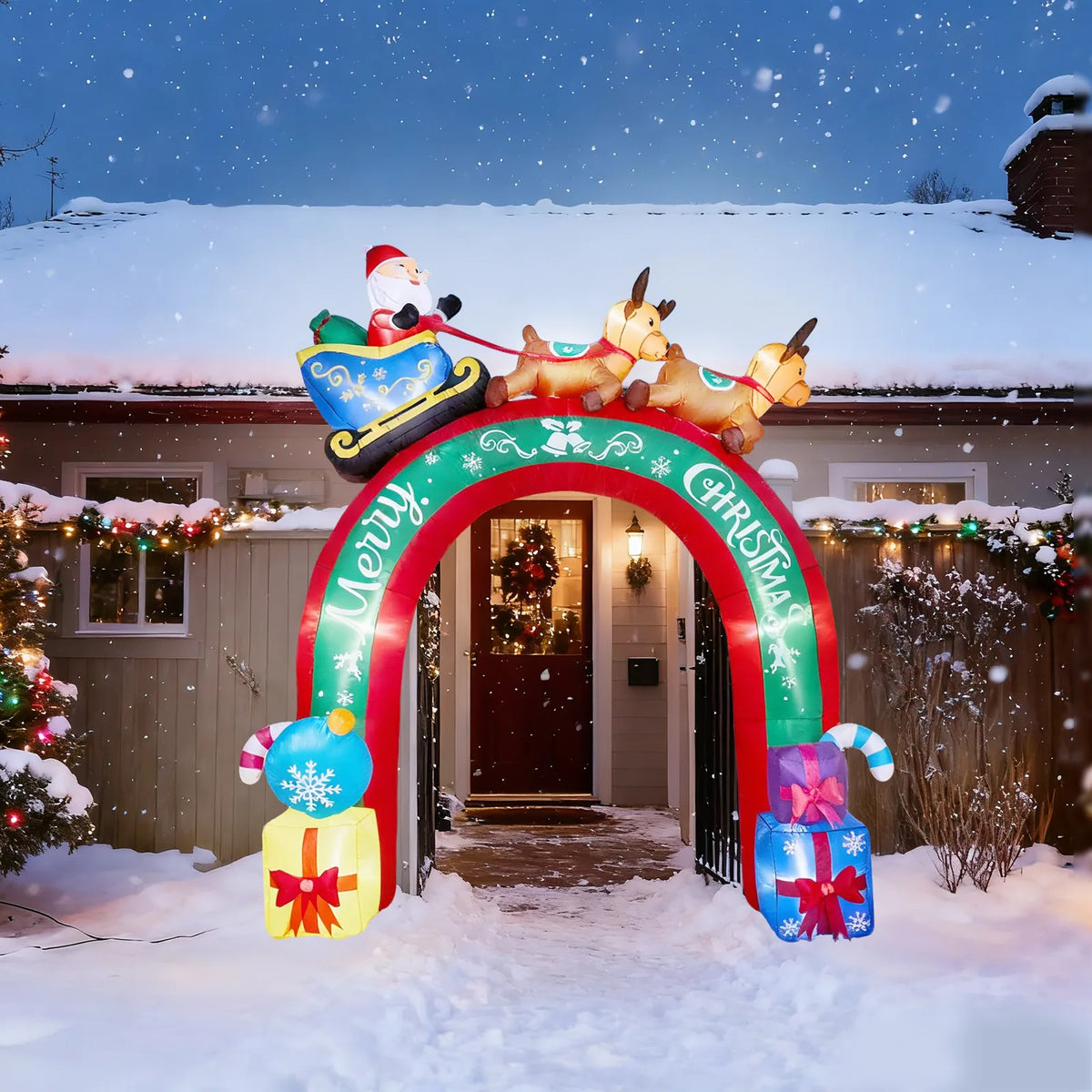 10FT Lighted Christmas Inflatable Archway, Inflatable Arch with Reindeer Pulling Santa's Sleigh, Blow Up Yard Decorations with Built-in LED Lights for Holiday Party Front Yard Lawn Garden Decor