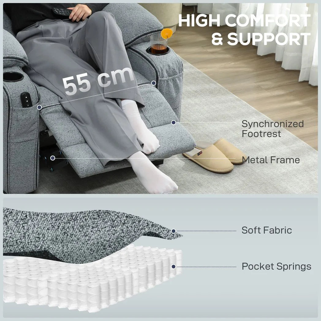 HOMCOM Electric Massage Recliner Armchair with Vibration, Heat, Whisper-Quiet Motor, Memory Function, Velvet Power Reclining Chair with Spring Pack, USB Port, Footrest, Side Pockets, Cup Holders, Grey