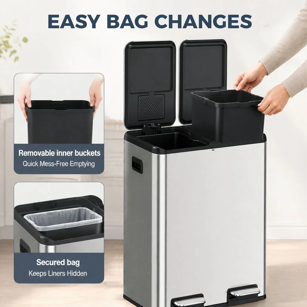 HOMCOM 2 x 30L Double Kitchen Bin, Stainless Steel Pedal Rubbish Bin with Dual Compartments, Soft Close Lids, Silver Tone