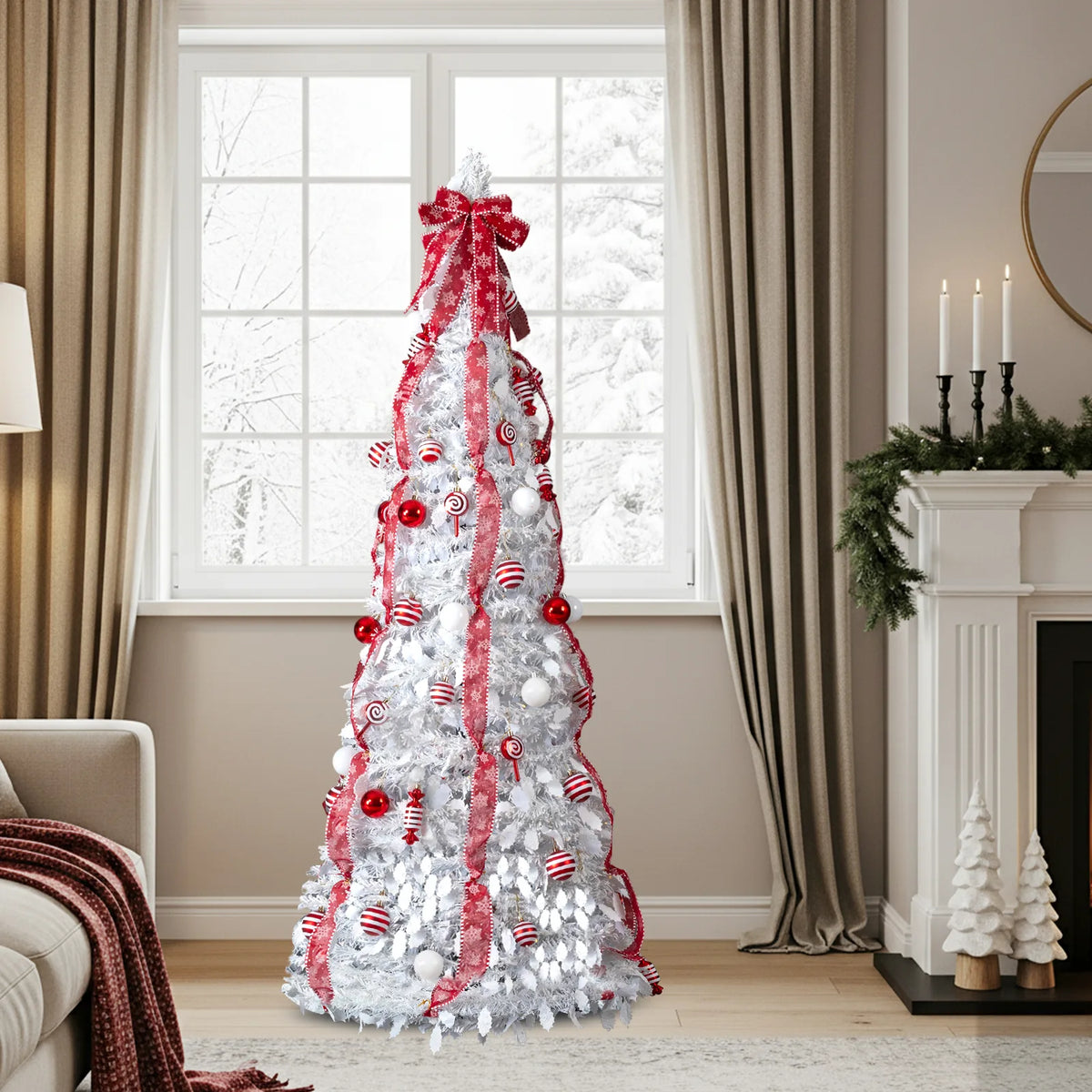 6 FT Fully Decorated Pre-lit Christmas Tree, Pop Up Artificial Xmas Tree with 100 Warm Lights and Red Ornaments for Home Office Store Holiday Deco, White