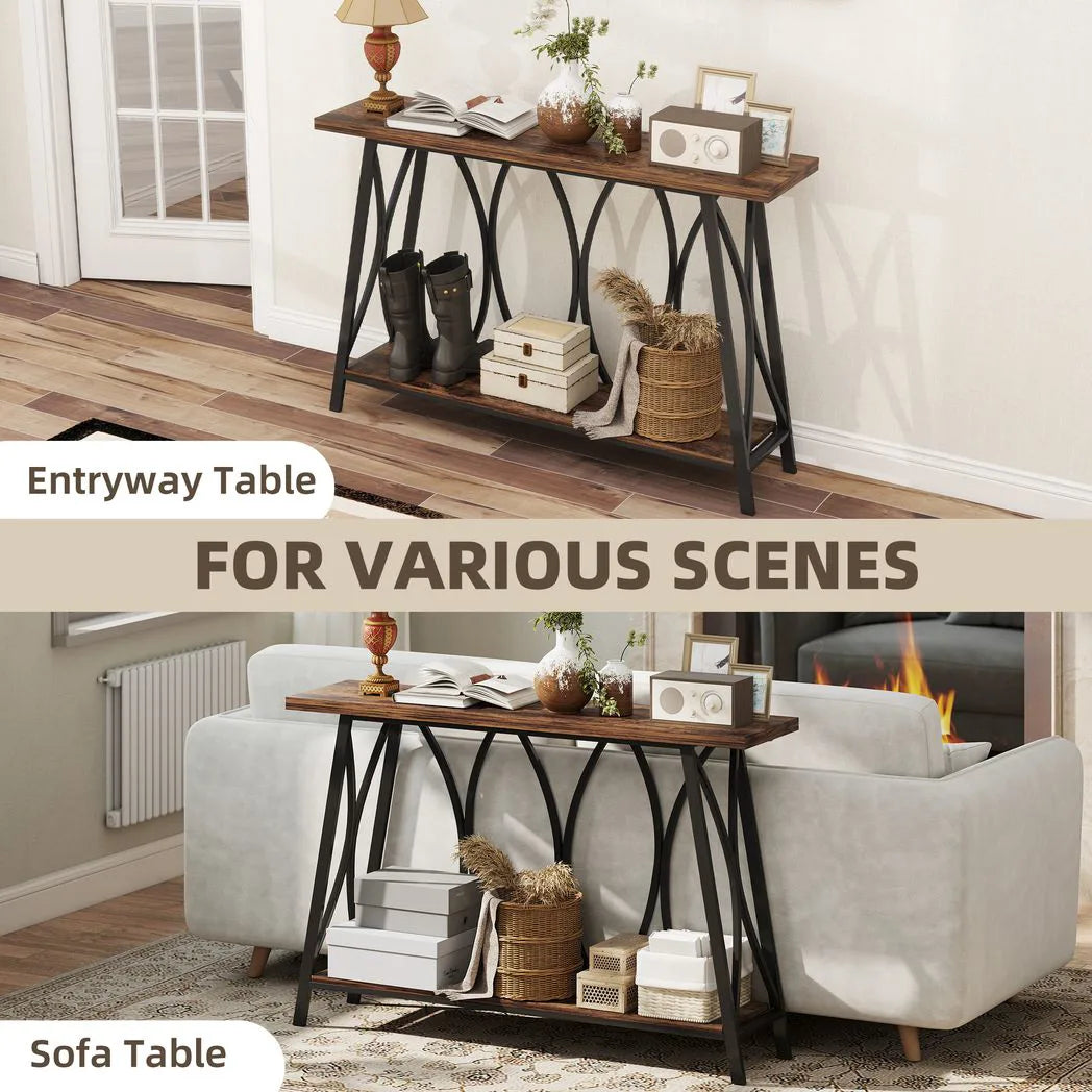 HOMCOM Narrow Console Table, Industrial 2-Tier Sofa Table with Metal Frame for Entryway, Living Room, 120x30x80cm, Rustic Brown
