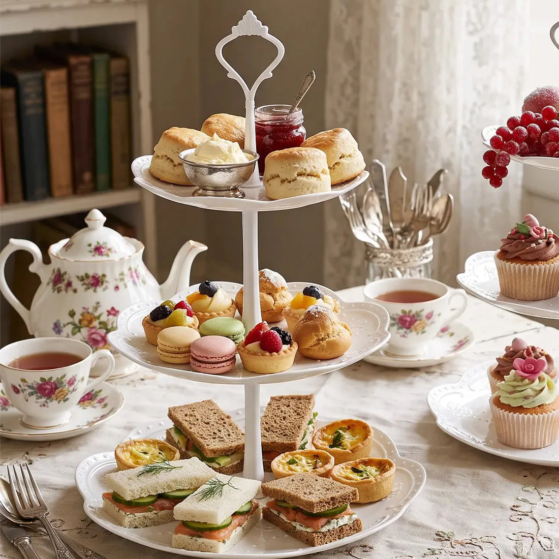 2PCS 3 Tier Cake Stand Afternoon Tea Wedding Plates Party Embossed Tableware-Cherry blossom