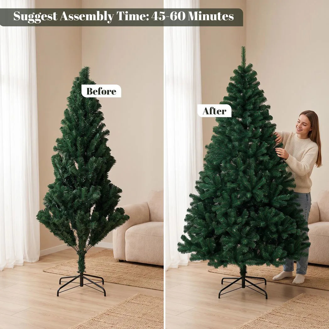 HOMCOM 7ft Artificial Christmas Tree, Fir Hinged Xmas Tree with 1100 Branch Tips, Foldable Steel Stand, Green