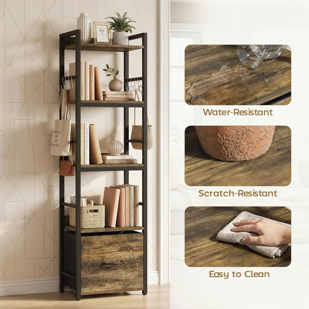 HOMCOM 4-Tier Bookshelf, Narrow Bookcase with Drawer, 8 Hooks, Metal Frame, Rustic Brown