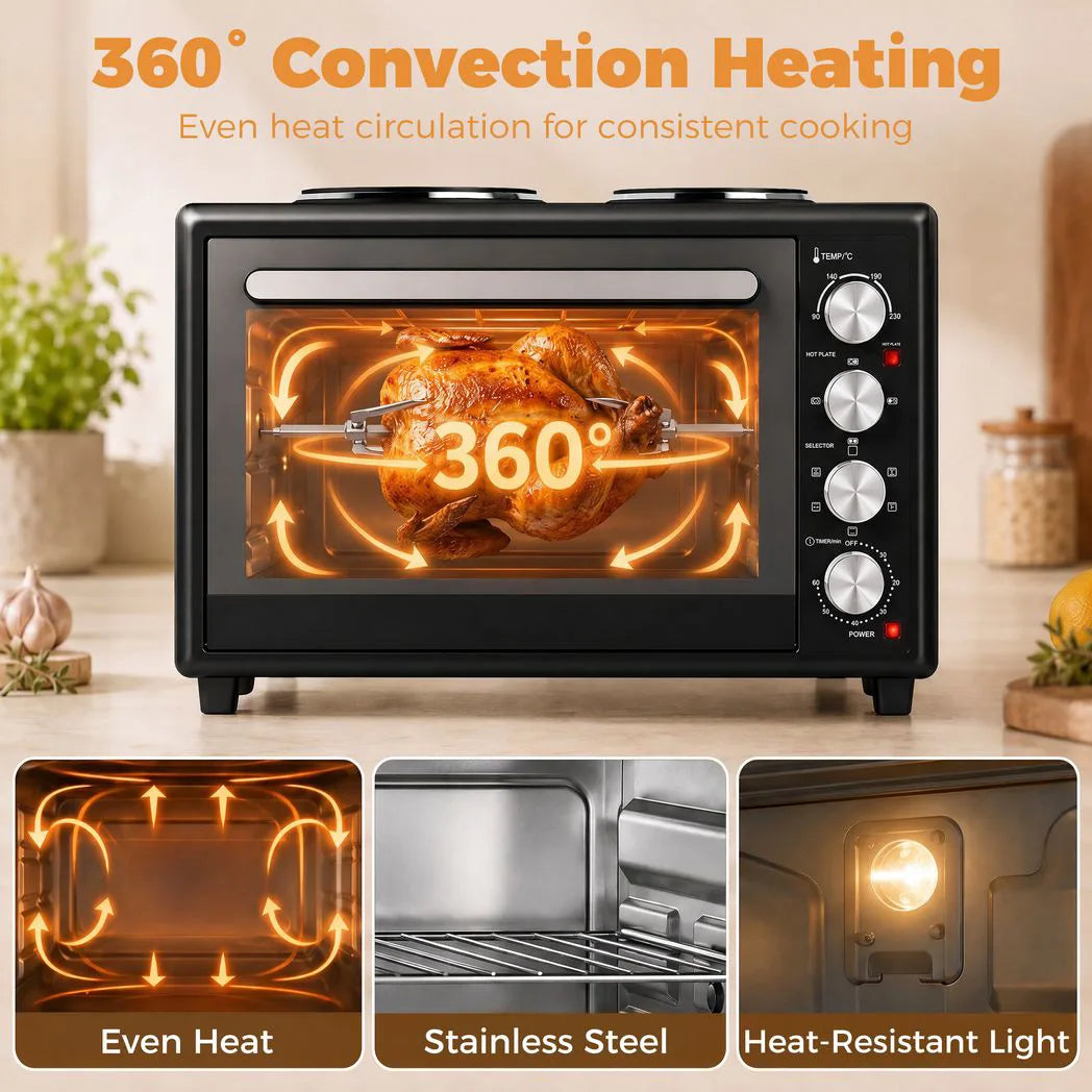 HOMCOM 36L Mini Oven with Dual Hot Plates, Electric Countertop Cooker with Convection, 90?230°C Adjustable Temperature