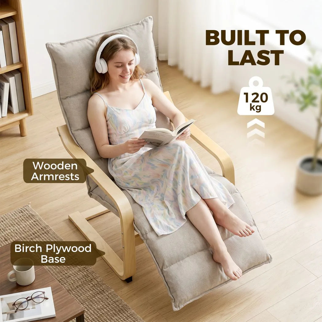 HOMCOM Curved Wooden Accent Chair, Armchair with Adjustable Footrest, Light Brown