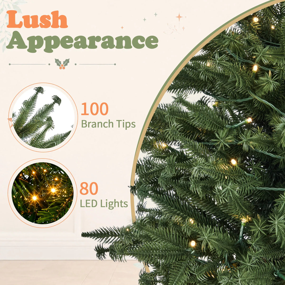 3FT Pre-Lit Artificial Christmas Tree, Green PE Mini Xmas Tree with 80 Warm White LED Lights (8 Modes), 100 Branch Tips, Black Round Pot Base, Battery Operated
