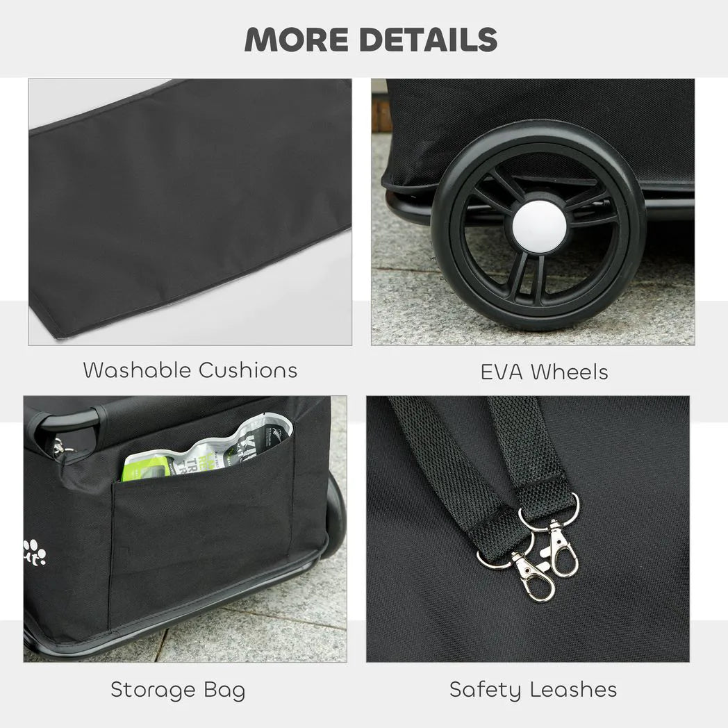 PawHut Pet Wagon Cart, Dog Stroller for Small Dogs and Cats with 4 Wheels, Safety Straps, Storage Bag, Mat