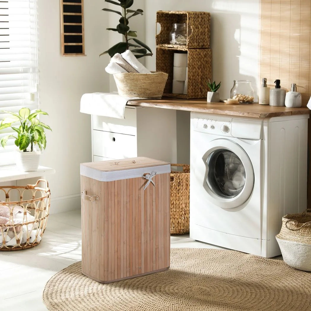 HOMCOM 70L Collapsible Bamboo Laundry Hamper Organizer Clothes Washing Basket Bin Storage Box w/ Lid Removable Lining 40x30x60cm
