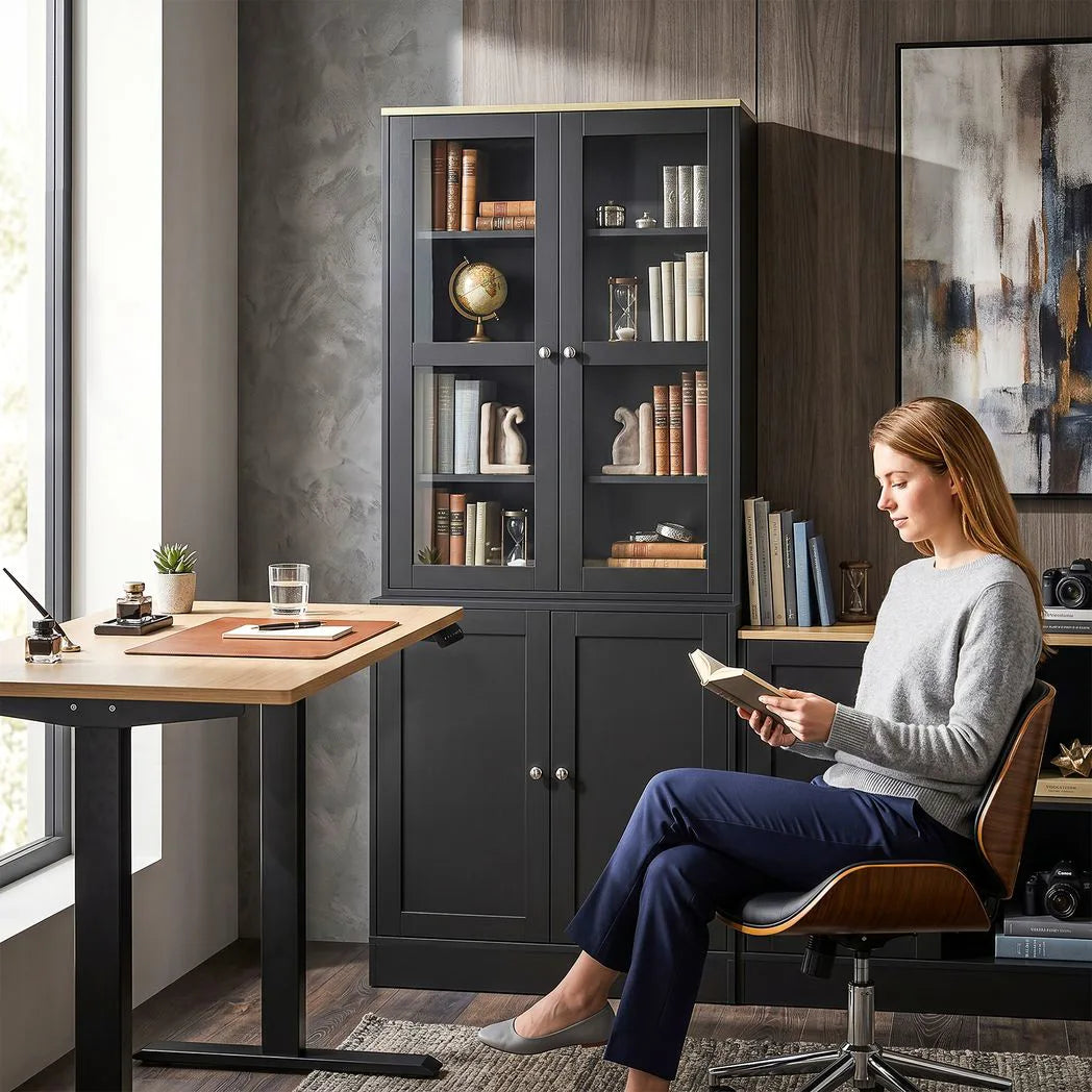 HOMCOM Modern Bookcase Display Storage Unit with Glass Doors Adjustable Shelves, Black