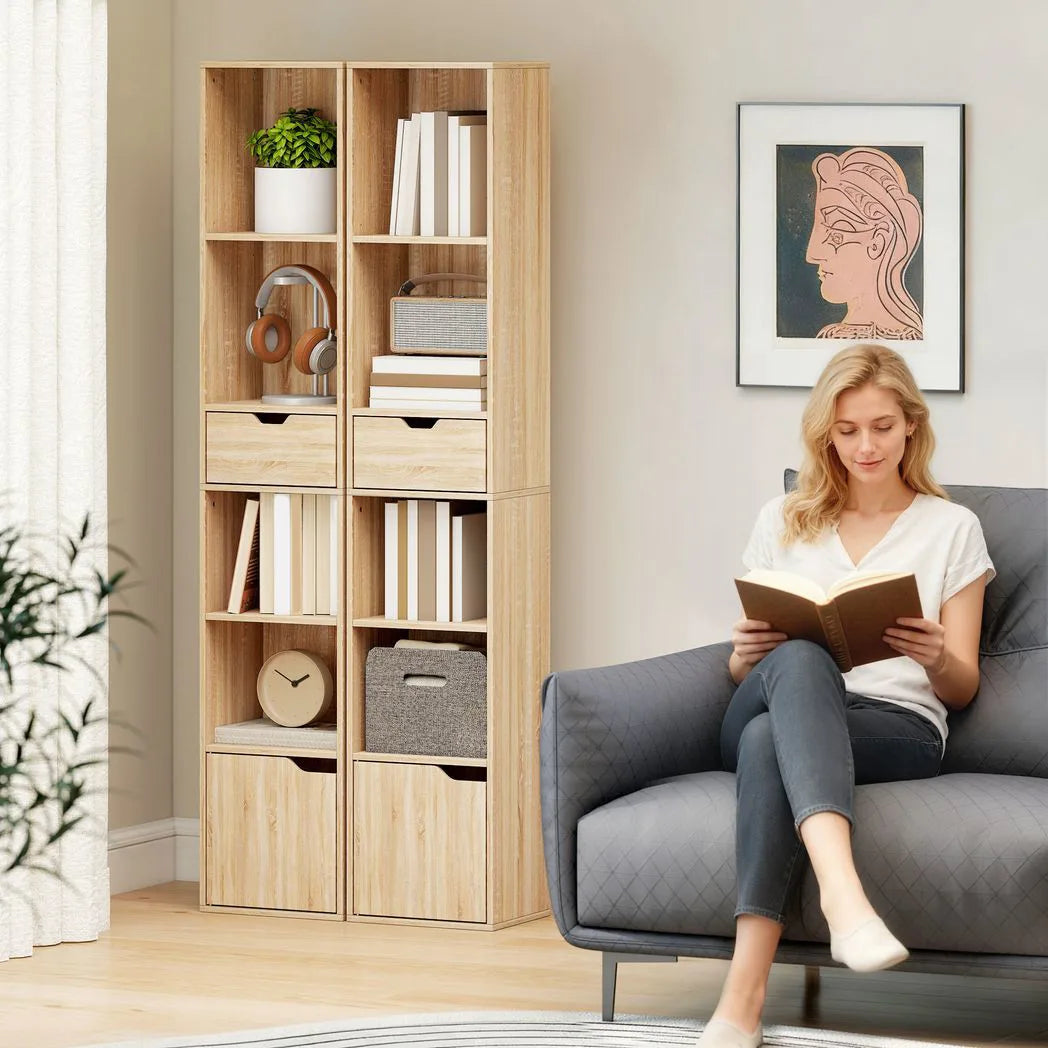 HOMCOM 6-Tier Bookcase, Tall Narrow Bookshelf with Drawer and Door - Natural Wood Finish