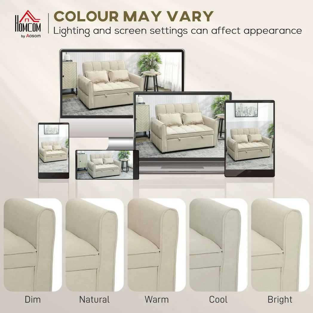 HOMCOM 2 Seater Sofa Bed, 3-in-1 Convertible Sleeper Sofa with Click-clack Adjustable Backrest and 2 Pillows, Light Brown