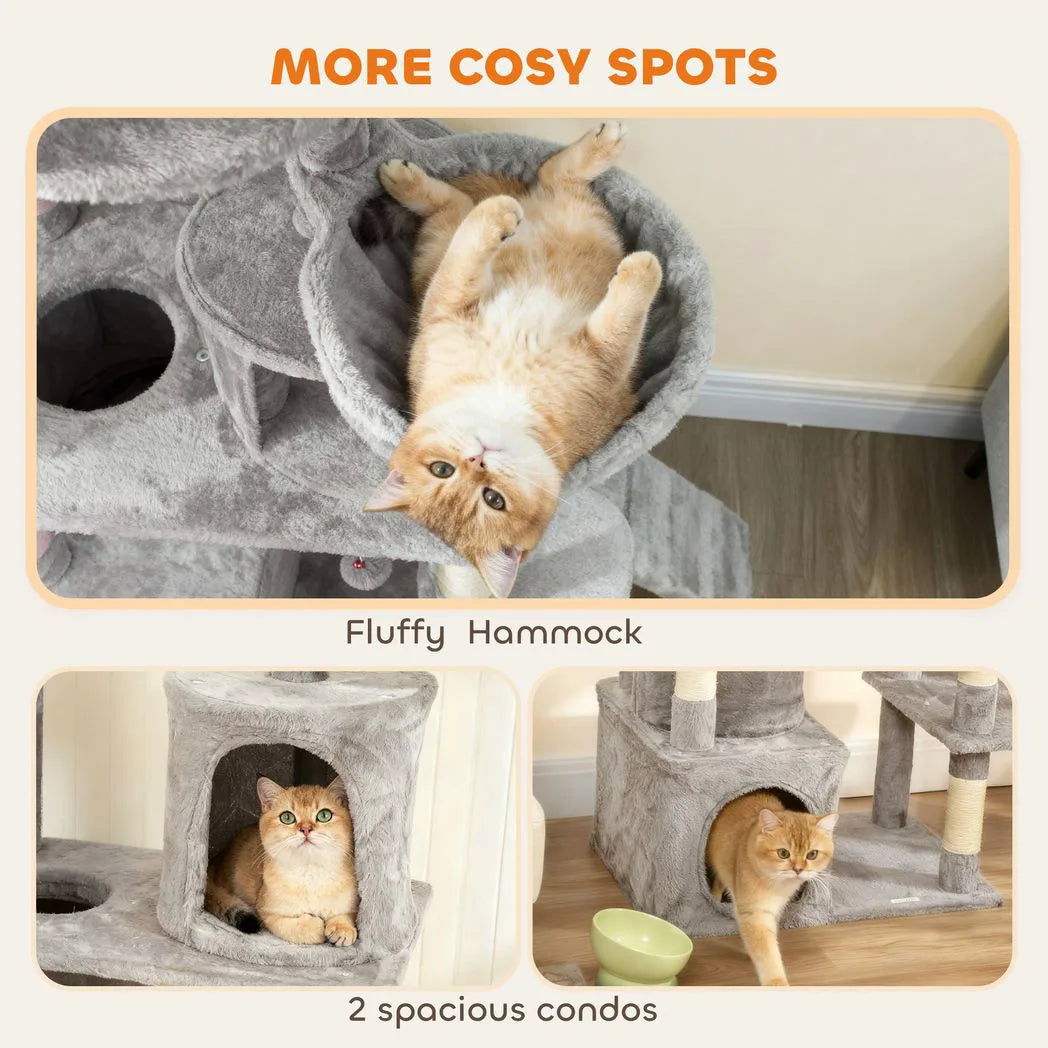 PawHut 170 cm Large Cat Tree, Cat Tower with 7 Scratching Posts, 2 Condos, Hammock,  Light Grey