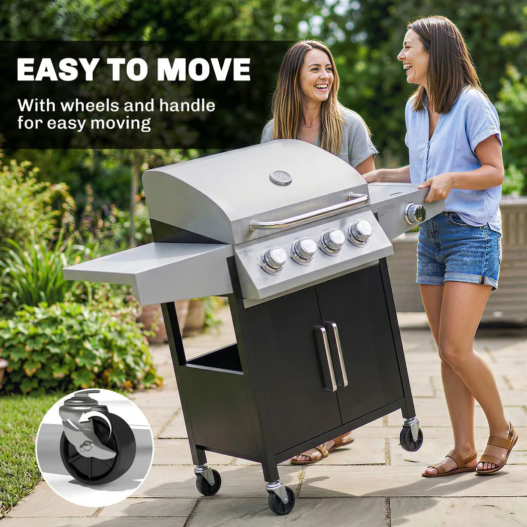 Outsunny 4 Burner Gas BBQ Grill with Side Burner, 14.5 kW Steel Portable Gas Barbecue Grill with Built-in Thermometer, Lid