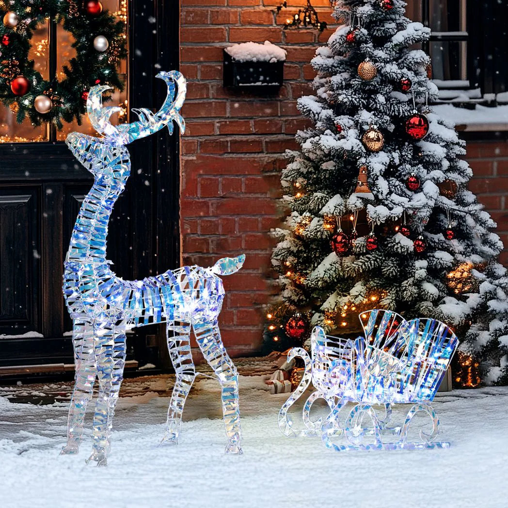 Outsunny Lighted Christmas Reindeer with Sleigh, Outdoor Yard Reindeer with 170 Warm White LED Lights, Holiday Decor with Stakes, Waterproof, Silver