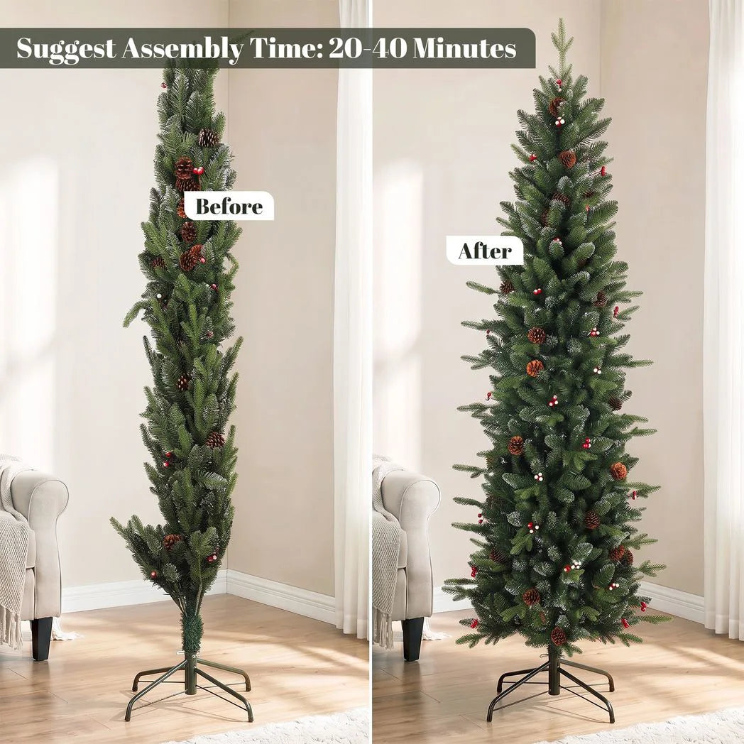 HOMCOM Slim Gracious Pine Xmas Tree, 6ft/180cm Artificial Christmas Tree with 688 Branch Tips, Foldable Steel Stand, Green
