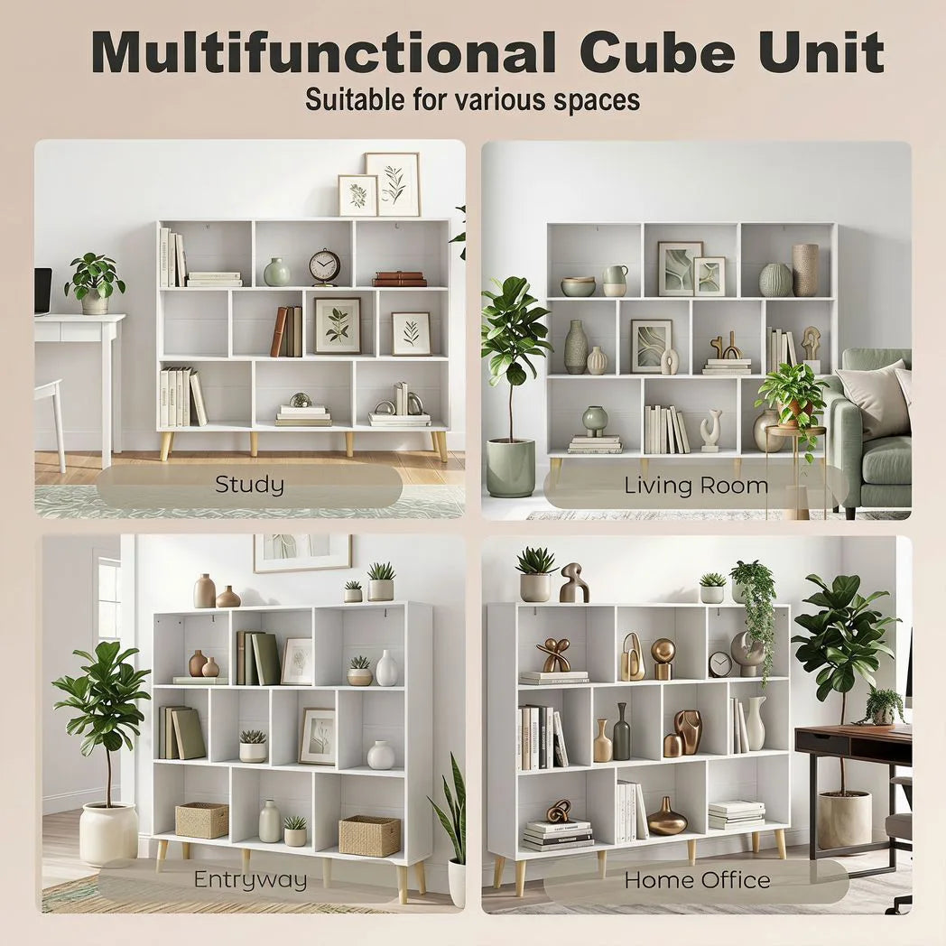 HOMCOM 10-Cube Bookcase, 3-Tier Book Shelf with Solid Wood Legs, 140 cm Modern Bookshelf with Anti-Tip Kit for Bedroom, White