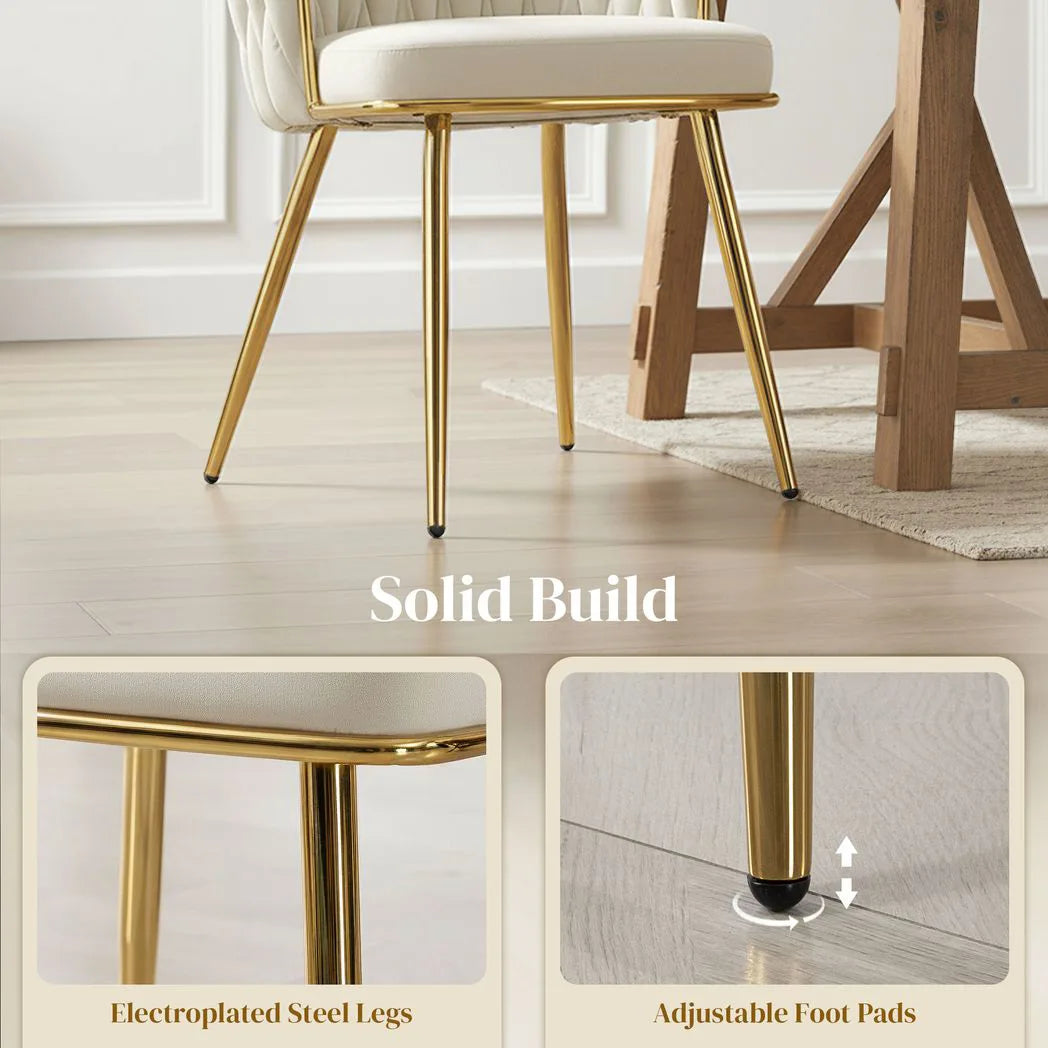 HOMCOM Velvet-Feel Dining Chairs Set of 2, Modern Upholstered Armchair with Knot Design and Golden Metal Legs, Accent Chair for Dining Room, Bedroom, Kitchen, Living Room, Cream