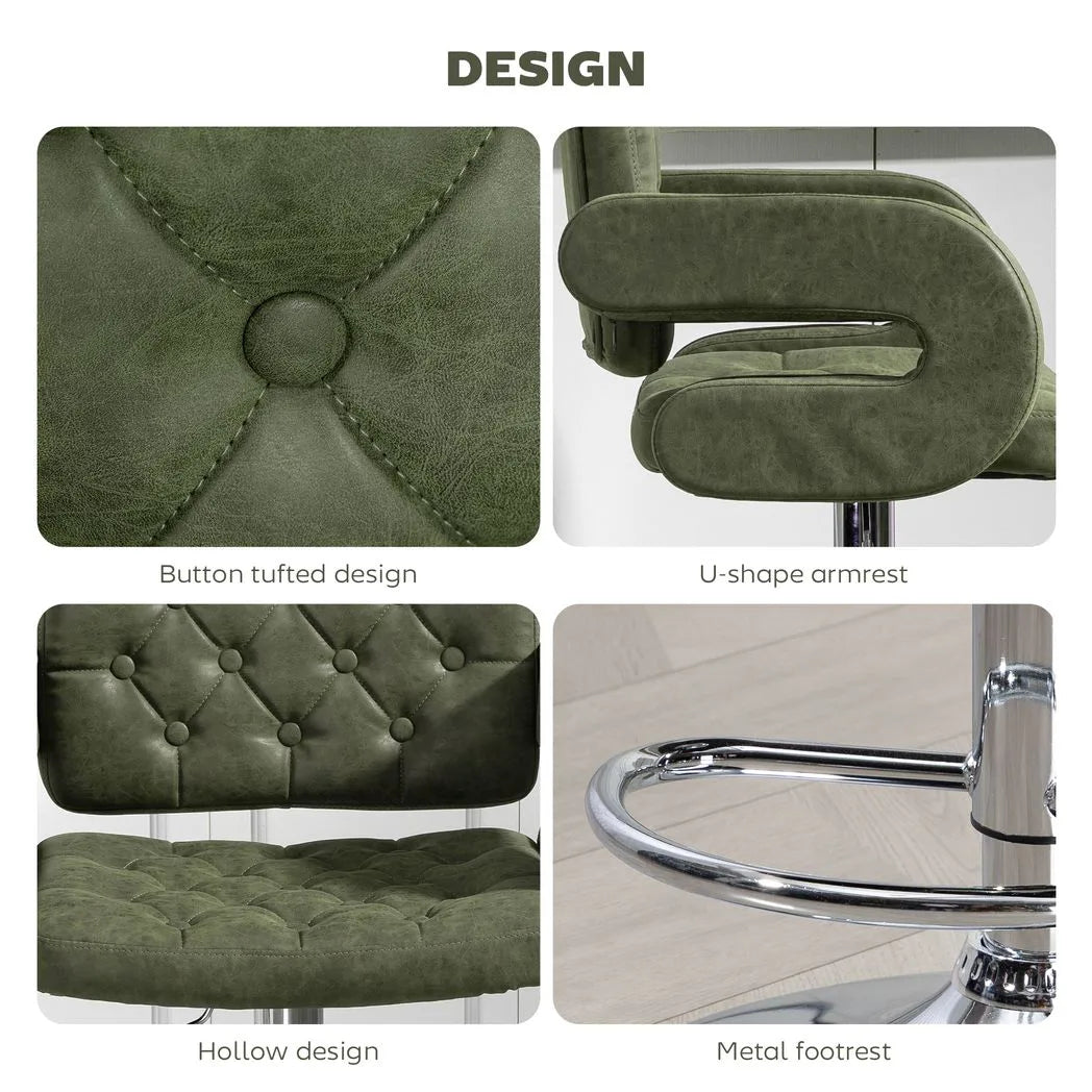 HOMCOM PU Leather Upholstered Swivel Bar Stool, Height Adjustable with Back, Armrest, Footrest, Green