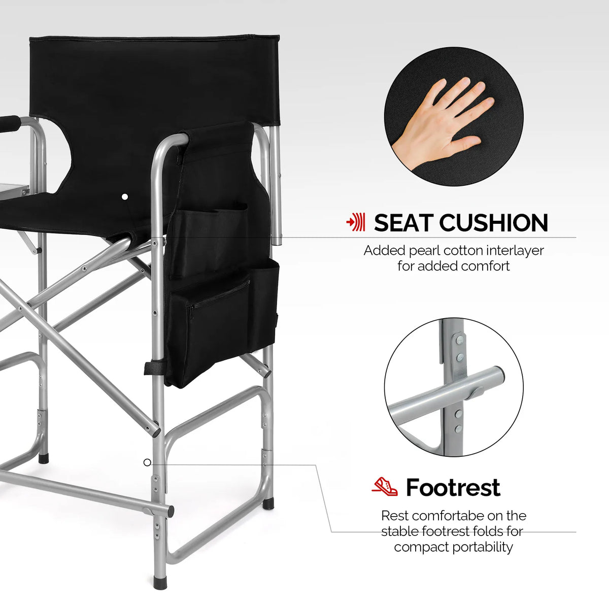 Folding Director Chair with Side Table & Storage Pockets, 41"×23.6"×26.4" Heavy Duty Spray-Coated Metal Frame Makeup Artist Chair, Portable Tall Folding Camping Chair, Supports 300 LBS, Black Oxford Fabric, No Carry Bag  >