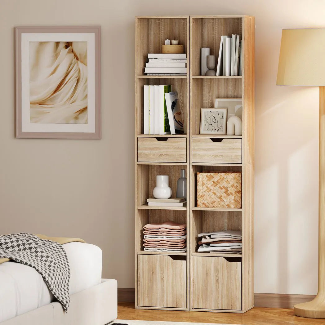 HOMCOM 6-Tier Bookcase, Tall Narrow Bookshelf with Drawer and Door - Natural Wood Finish