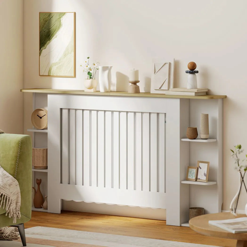 HOMCOM Radiator Cover with Open Storage Shelves, Vertical Slatted Cabinet Shelf Heater Cover for Living Room, Hallway, Large, White