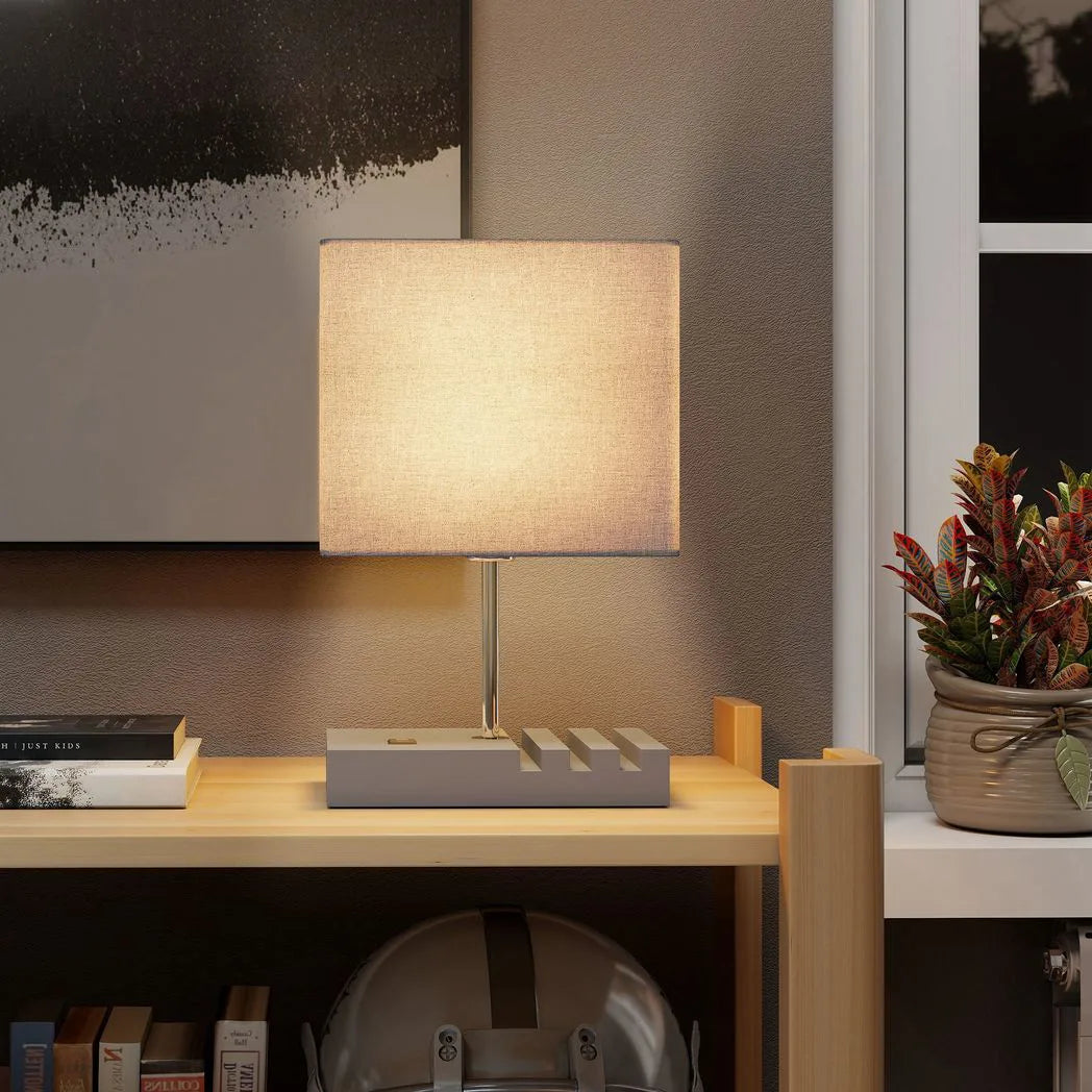 HOMCOM Bedside Lamp with USB A Charging Ports and 3 Phone Stands, Modern Table Lamp with Solid Wood Base and Fabric Shade for Bedroom Living Room Office, E27 Socket, Bulb Not Included, Grey