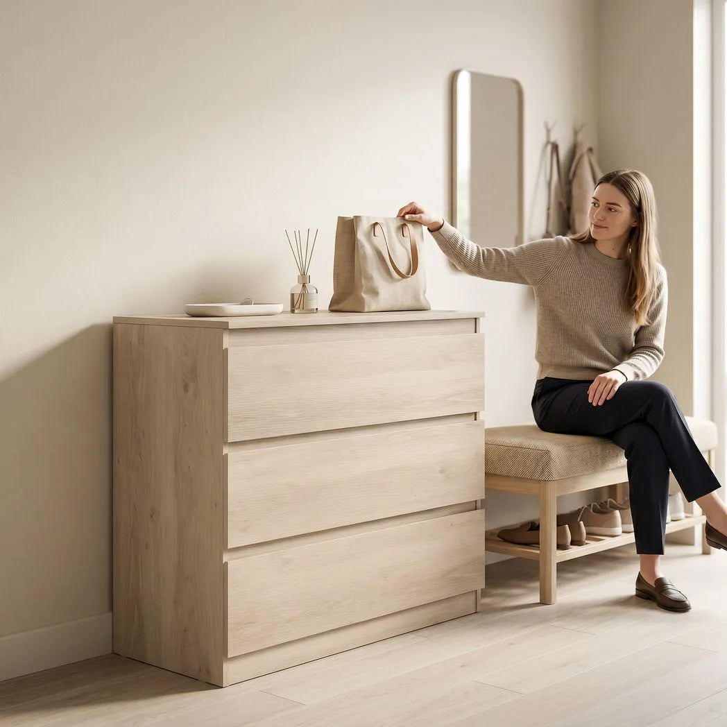 HOMCOM 3-Drawer Storage Organiser Unit, Chest of Drawers for Bedroom, Living Room, 80 x 39 x 73cm, Oak