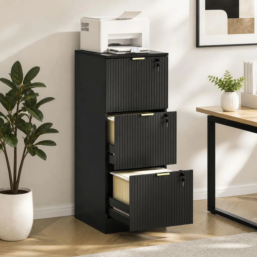 HOMCOM Filing Cabinet, Fluted Vertical File Cabinet with 3 Lockable Drawers and Hanging Rails, Black