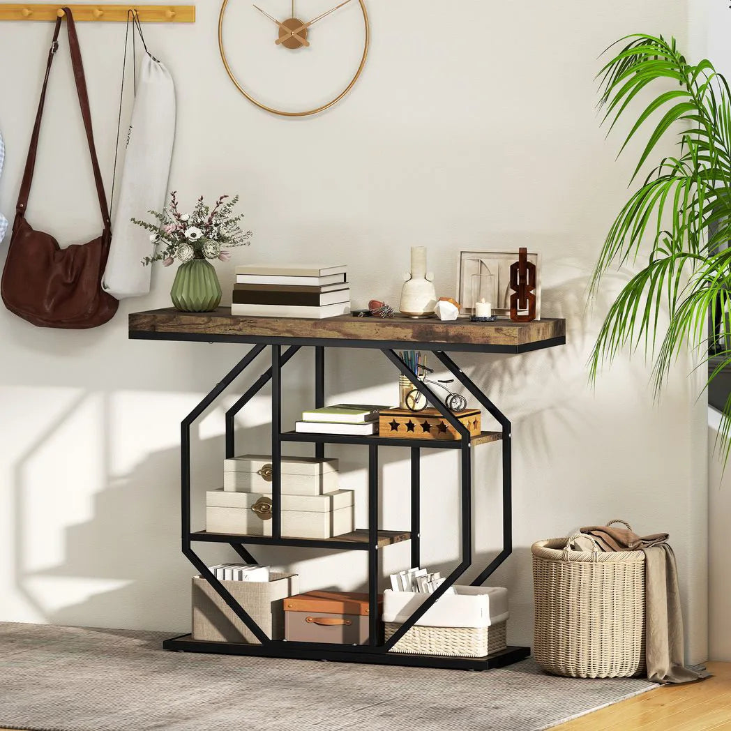 HOMCOM 4-Tier Industrial Console Table - Rustic Brown