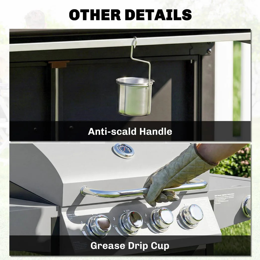 Outsunny 4 Burner Gas BBQ Grill with Side Burner, 14.5 kW Steel Portable Gas Barbecue Grill with Built-in Thermometer, Lid