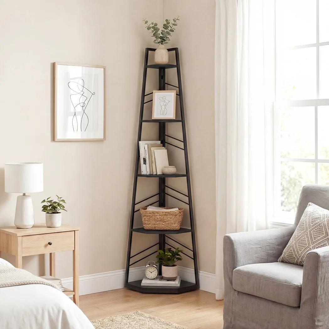 HOMCOM Corner Bookcase, 5-Tier Floor Standing Bookshelf, Shelving Unit for Living Room, Study, Bedroom, Black