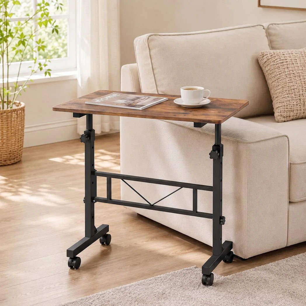 HOMCOM Overbed Table Adjustable Height Sofa Side Table with Wheels 80 x 40 cm Rustic Brown Black