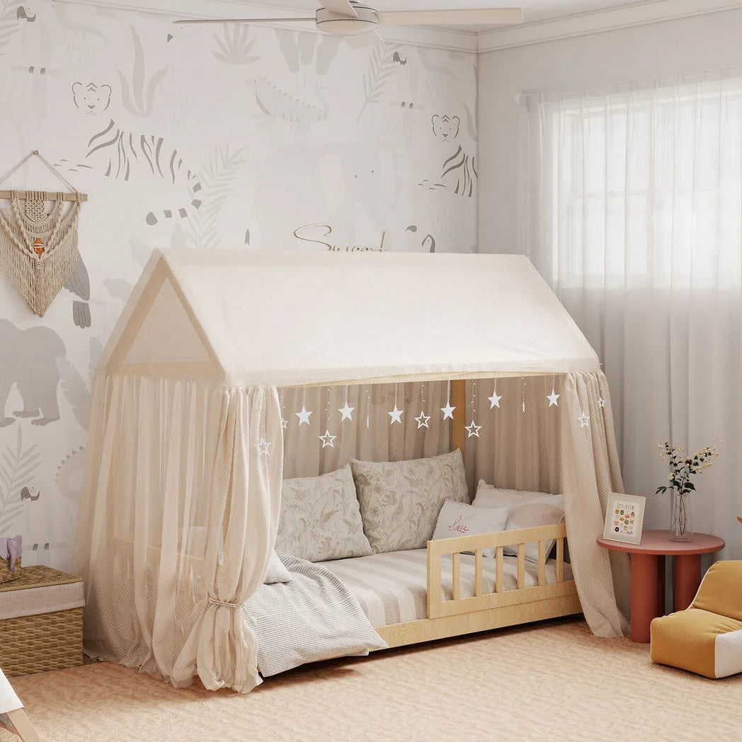HOMCOM House-Shaped Kids Bed Frame with Guard Rails, Solid Pine Wood Single Bed Frame for Kids Boys and Girls, Natural