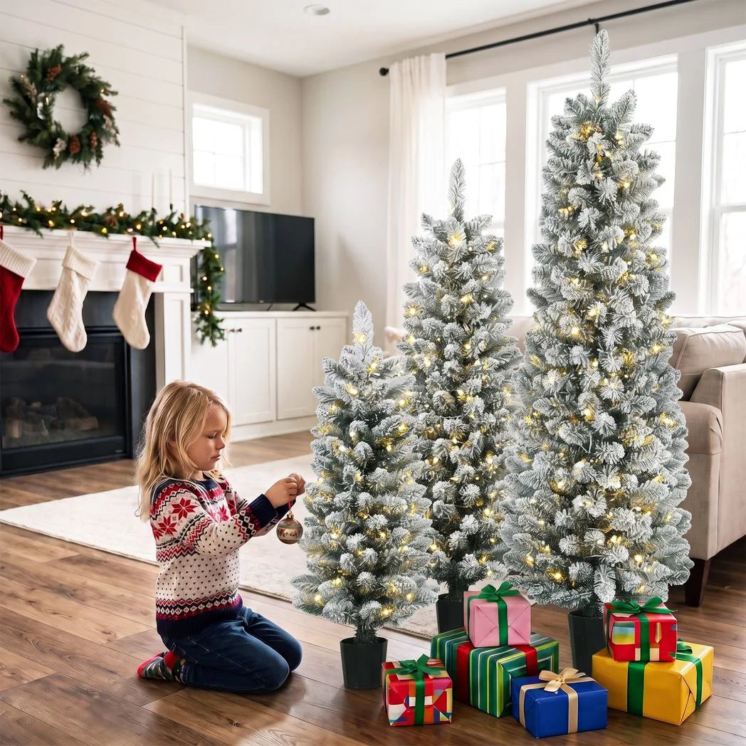 HOMCOM Prelit Snowy Flocked Artificial Christmas Tree Set of 3, Slim Xmas Tree with PVC Tips, 3FT??