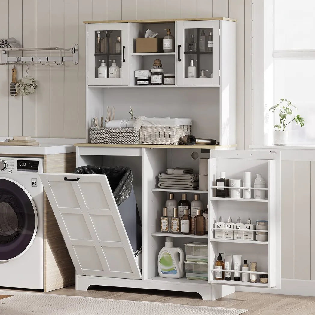 HOMCOM 175cm Tall Kitchen Cabinet, Kitchen Cupboard with Rubbish Bin Cabinet, 3 Door Shelves and 2 Acrylic Doors, White