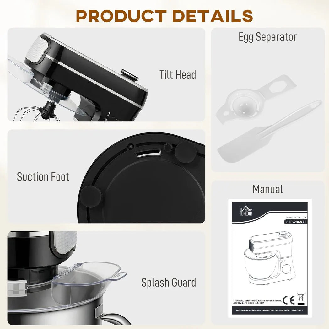 HOMCOM Stand Mixer, 6L 1400W Tilt-Head Food Mixer with 11 Speeds, Pulse & Fermentation Function, LED Display, Black