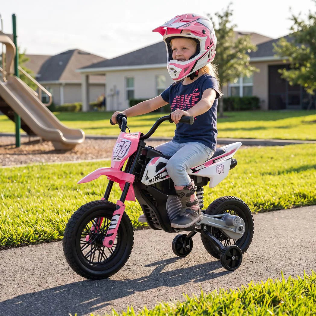 AIYAPLAY Kids Electric Motorcycle, 12V Ride On Motorbike with Training Wheels, Soft Start, Suspension, Music for 3?6 Years, Pink