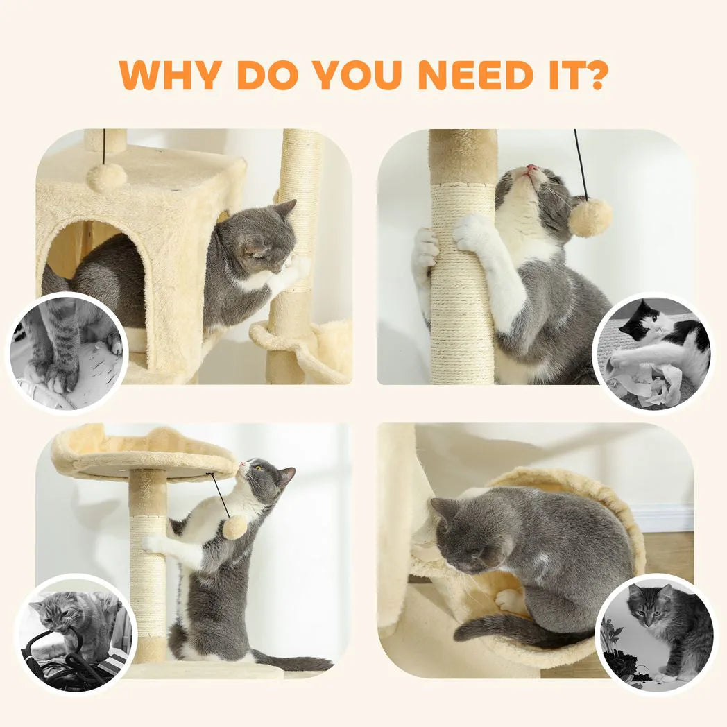 PawHut 140cm Large Cat Tree Tower with Sisal Scratching Posts, Plush Perches, Hammock, Beige