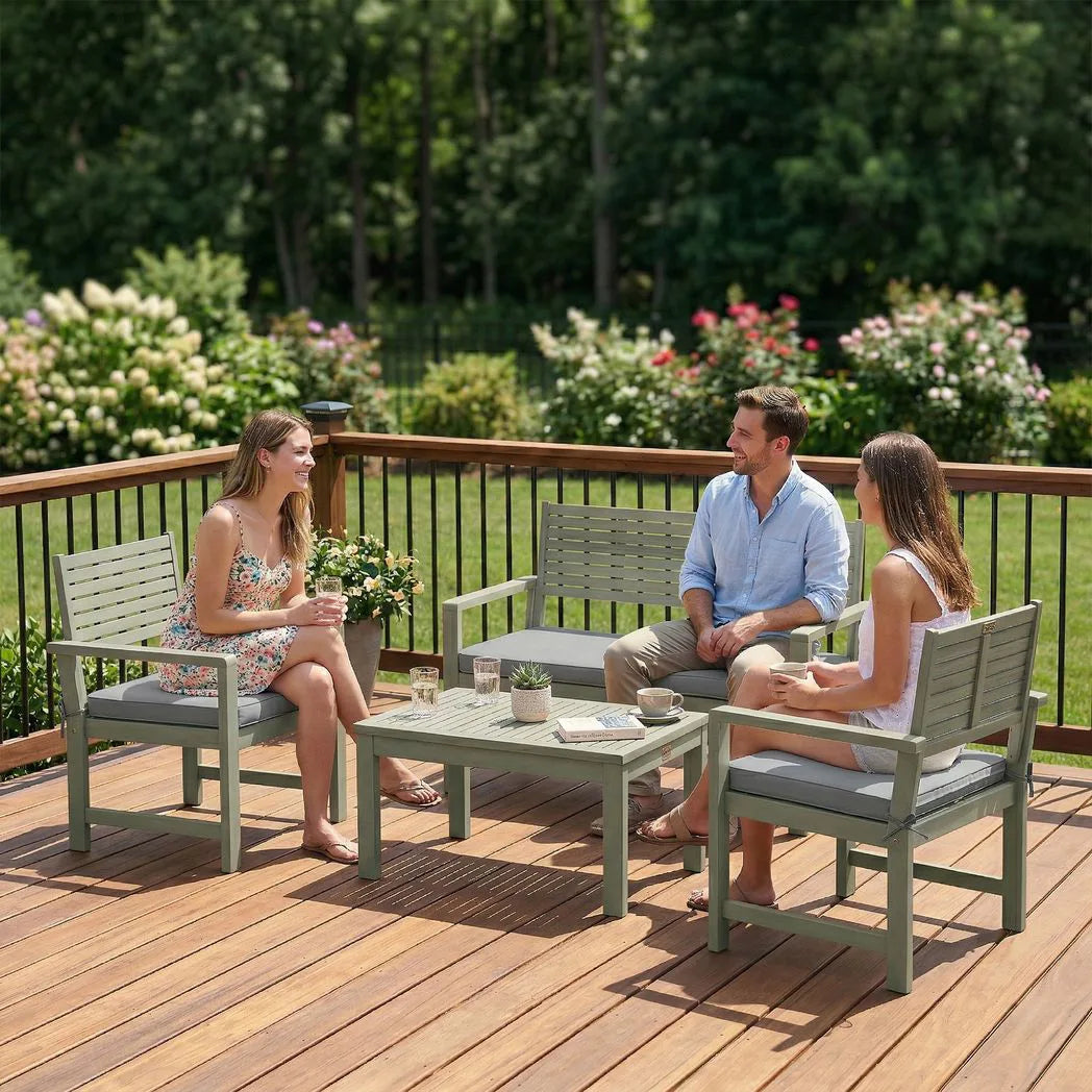 Outsunny 4 Seater Wooden Garden Furniture Set with Loveseat, Armchairs, Table, Acacia Wood Garden Sofa Set, Light Grey