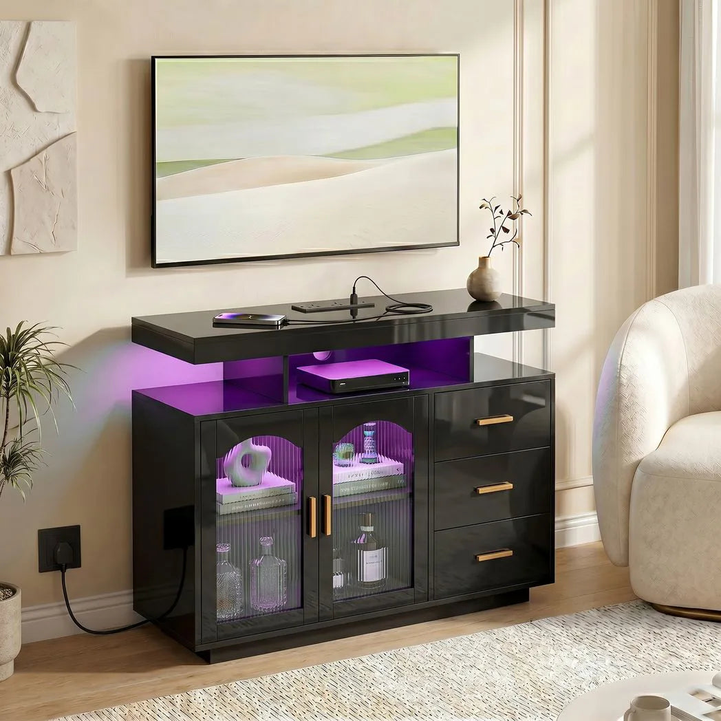 HOMCOM High Gloss Sideboard with LED Lights, Built-in Power Outlets, 3 Drawers, Shelves and 2 Acrylic Doors, Black