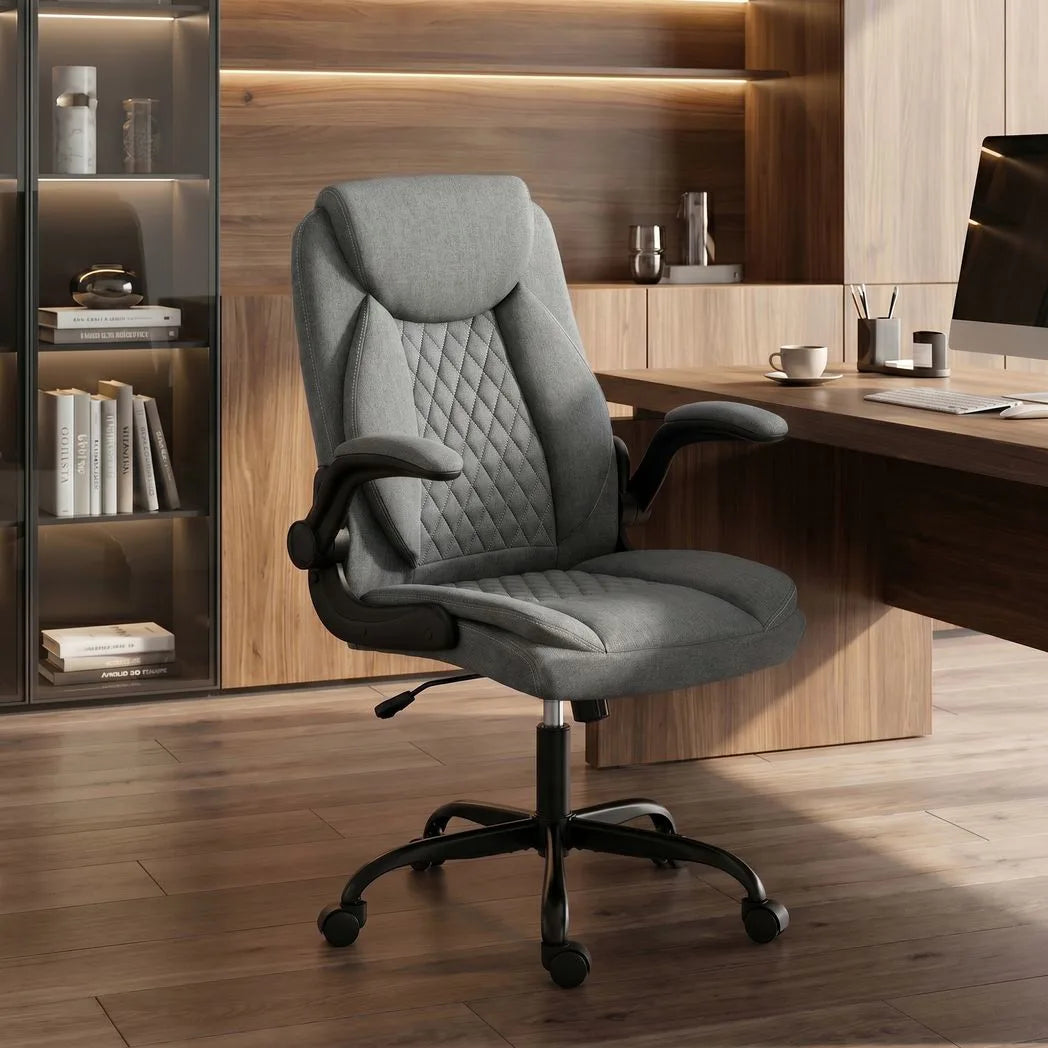 HOMCOM Linen-Look Computer Desk Chair, Executive Office Chair with Flip-Up Armrests and Thick Cushion, Grey