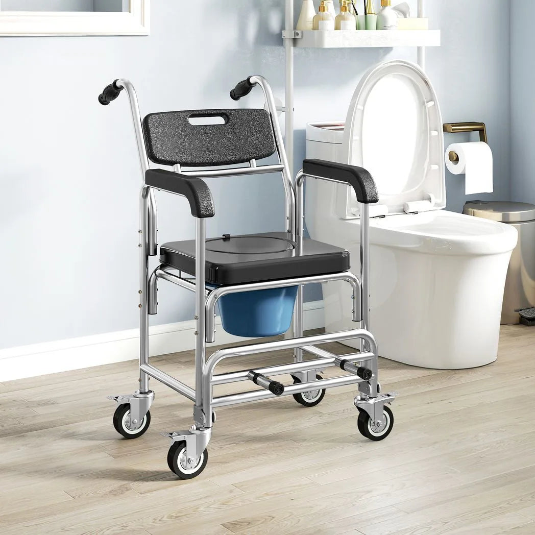 HOMCOM Transport Beside Shower Chair, 3-in-1 Commode Chair with Wheels and Padded Seat, Black