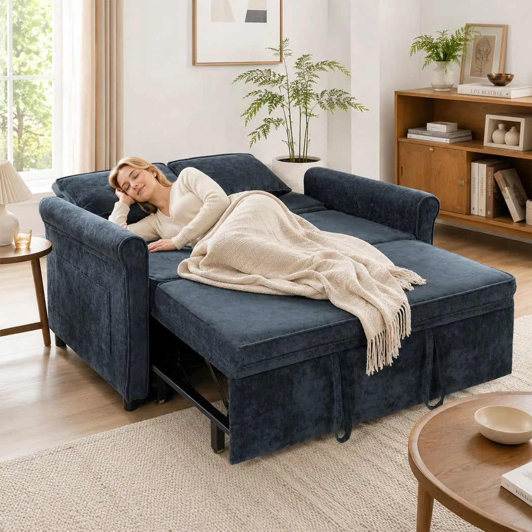 HOMCOM 2 Seater Sofa Bed 3-in-1 Convertible Chenille Pull Out Sleeper Sofa with 5-Position Adjustable Backrest, Dark Blue