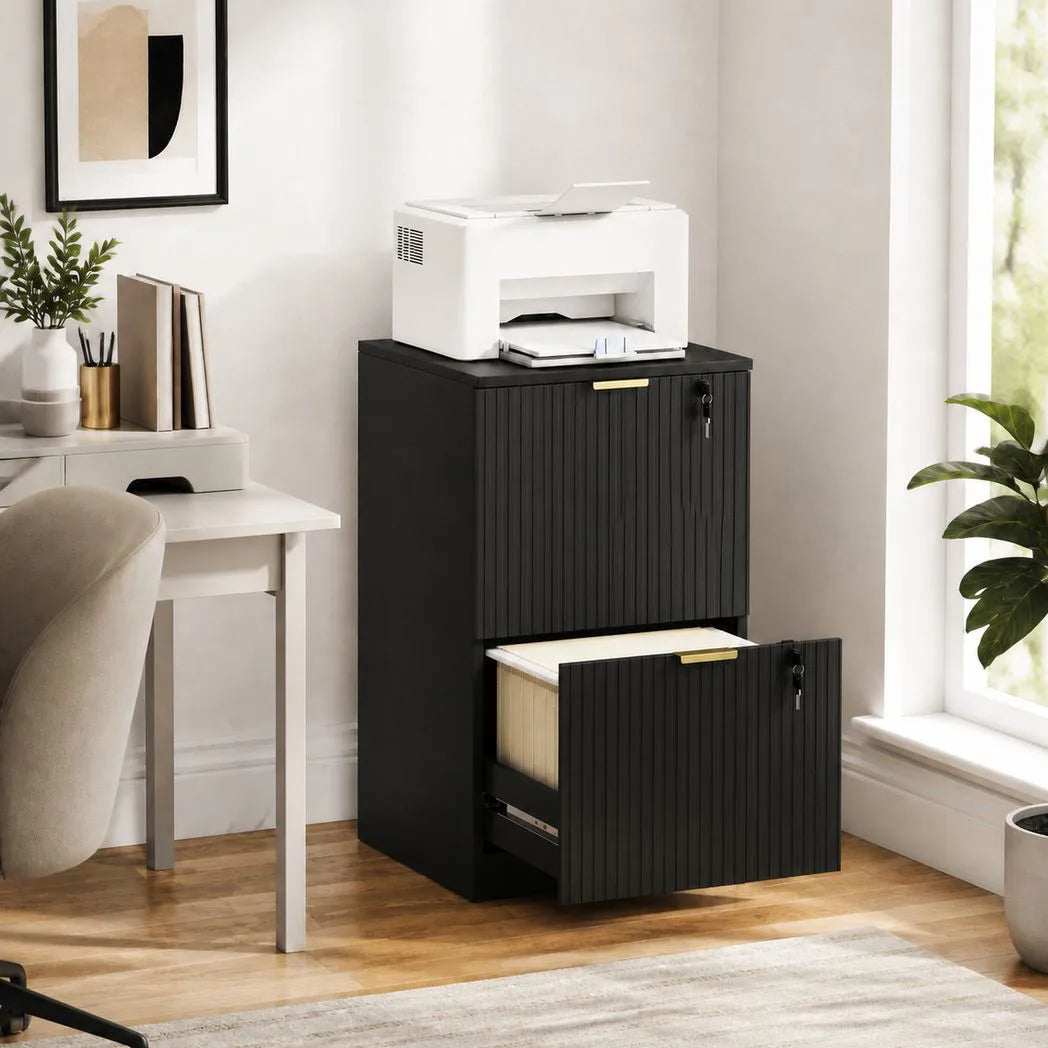 HOMCOM Filing Cabinet, Fluted Vertical File Cabinet with 2 Lockable Drawers and Hanging Rails, Black