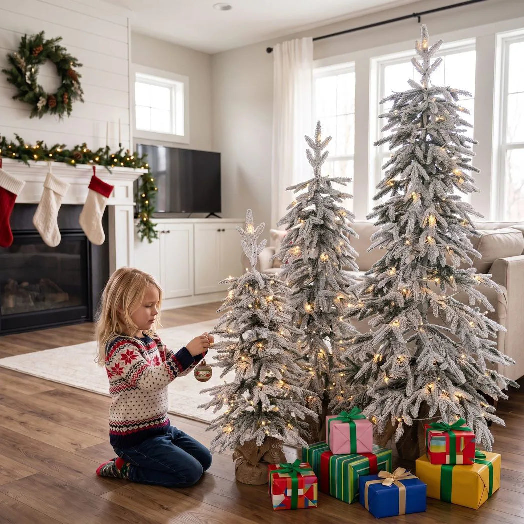 HOMCOM Prelit Flocked Artificial Christmas Tree Set of 3 Snowy Xmas Tree Warm White LED Lights (3FT??)