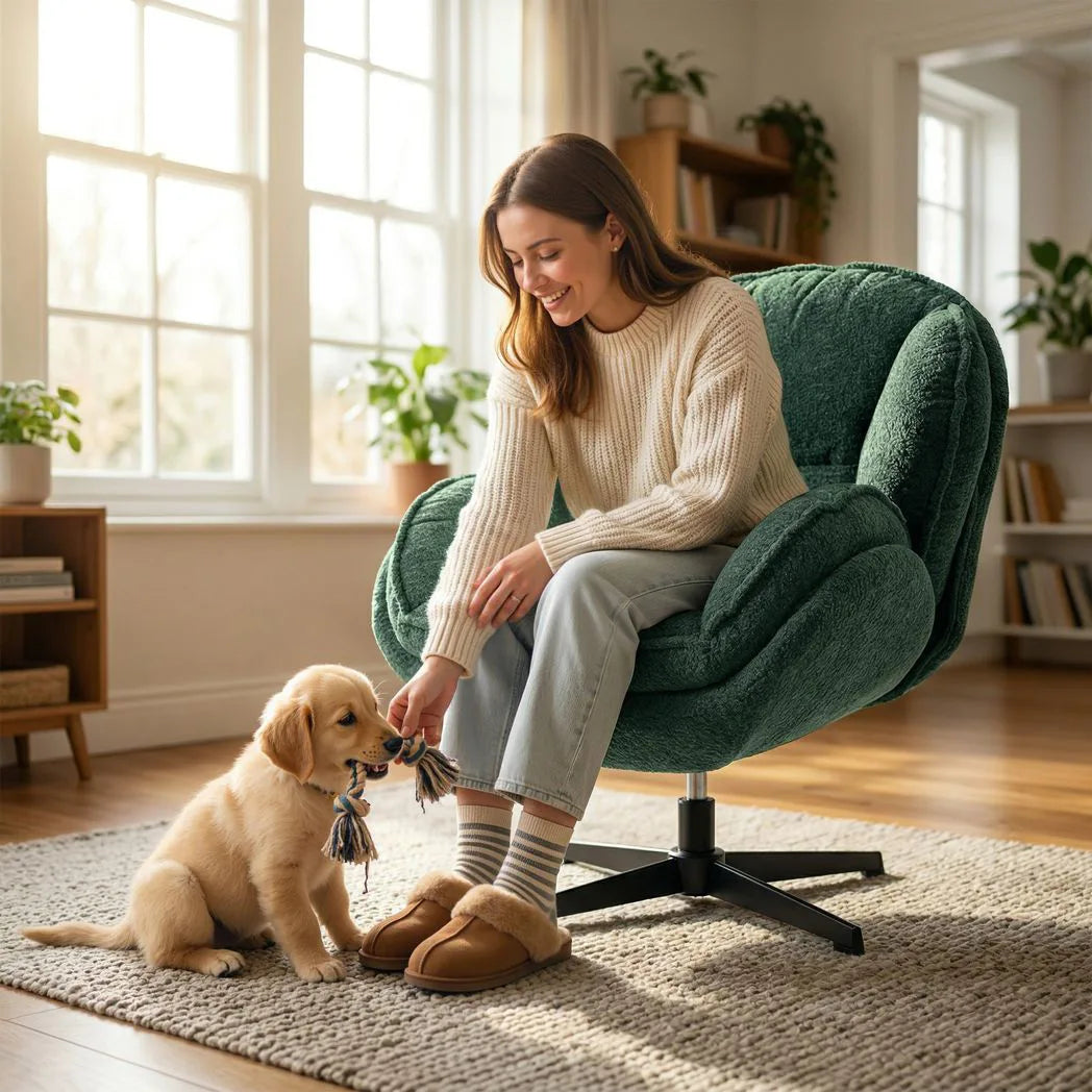 HOMCOM Modern Wingback Accent Chair, Velvet Armchair with Four-Star Base, S-Springs, Swivel, Dark Green